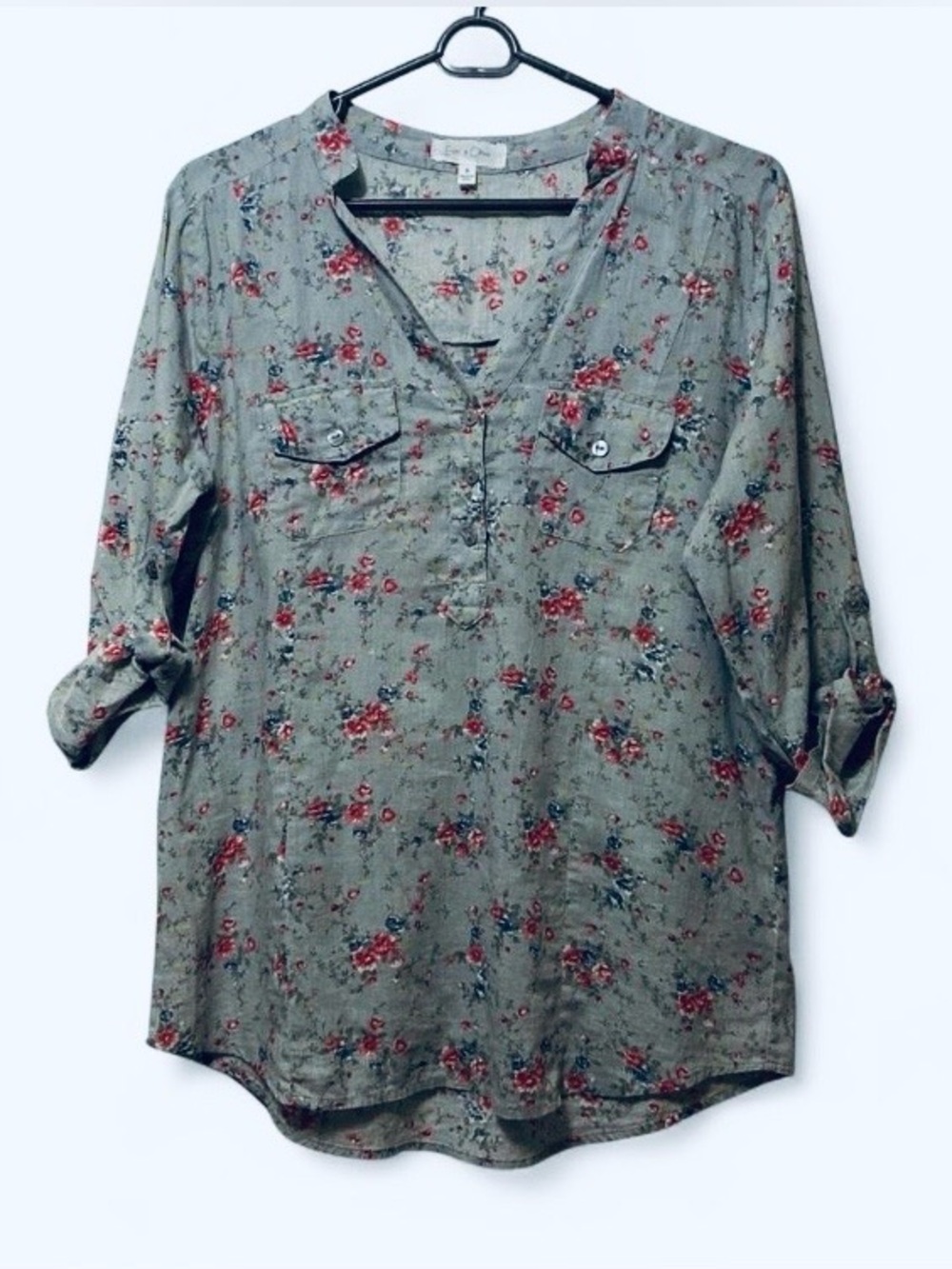 Anthropologie Olive Green Floral Tunic with Red Accents